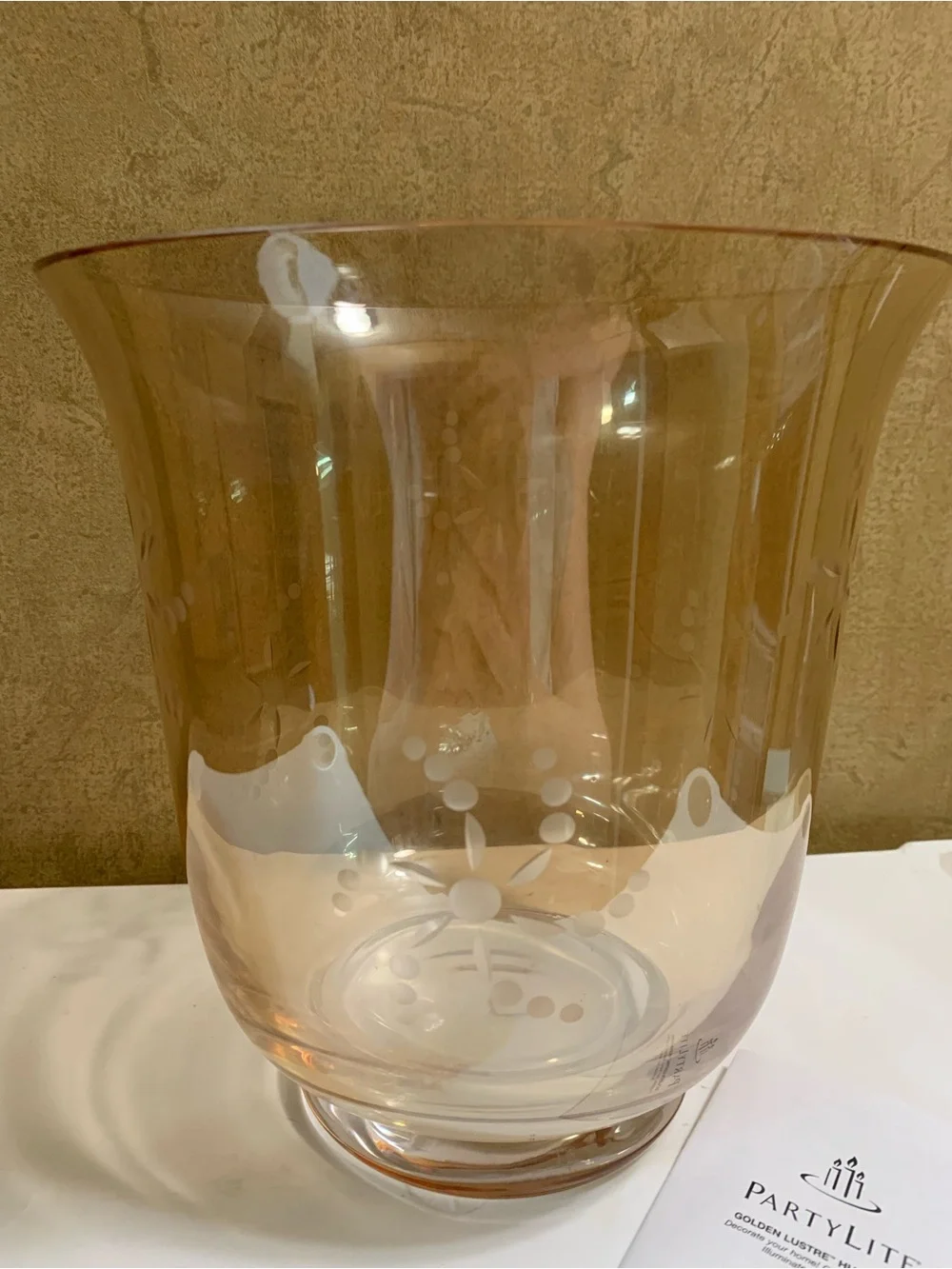 PartyLite Golden Luster Hurricane Candle Holder Vase Hand Blown Glass P8632 NIB